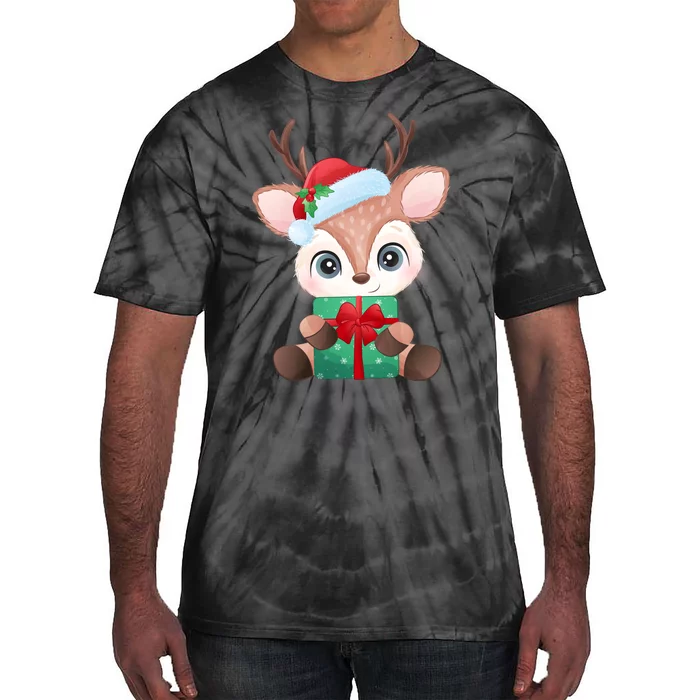 Cute Festive Christmas Reindeer Present Tie-Dye T-Shirt