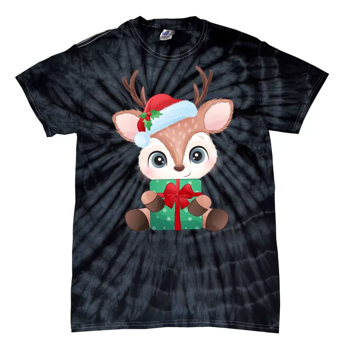 Cute Festive Christmas Reindeer Present Tie-Dye T-Shirt