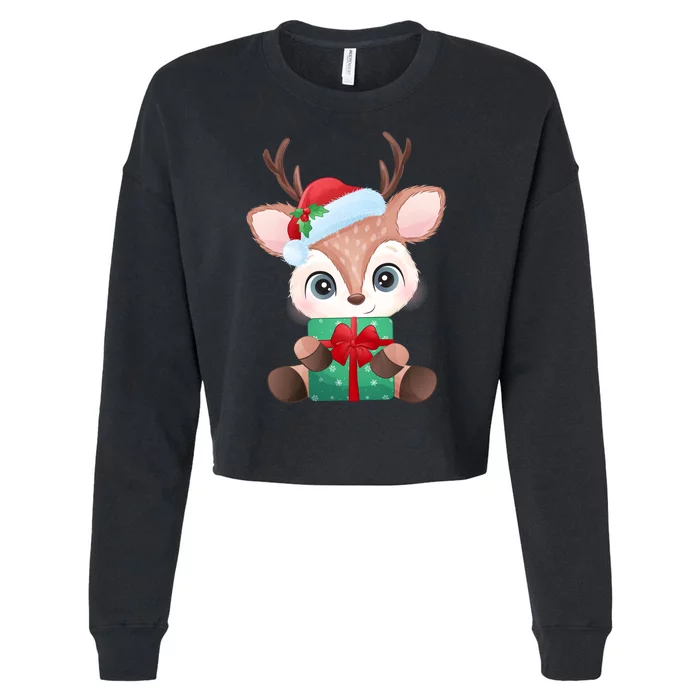 Cute Festive Christmas Reindeer Present Cropped Pullover Crew