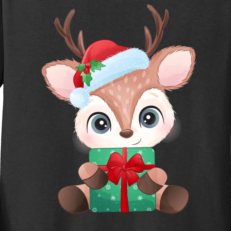 Cute Festive Christmas Reindeer Present Kids Long Sleeve Shirt