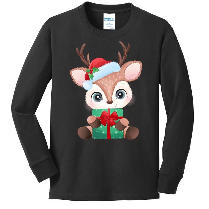 Cute Festive Christmas Reindeer Present Kids Long Sleeve Shirt