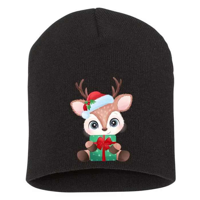 Cute Festive Christmas Reindeer Present Short Acrylic Beanie