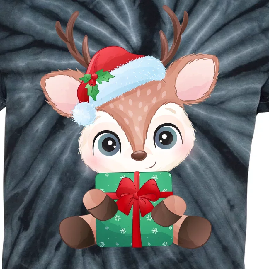 Cute Festive Christmas Reindeer Present Kids Tie-Dye T-Shirt