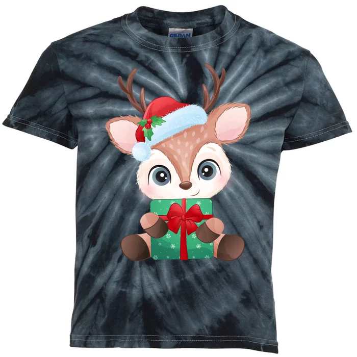 Cute Festive Christmas Reindeer Present Kids Tie-Dye T-Shirt