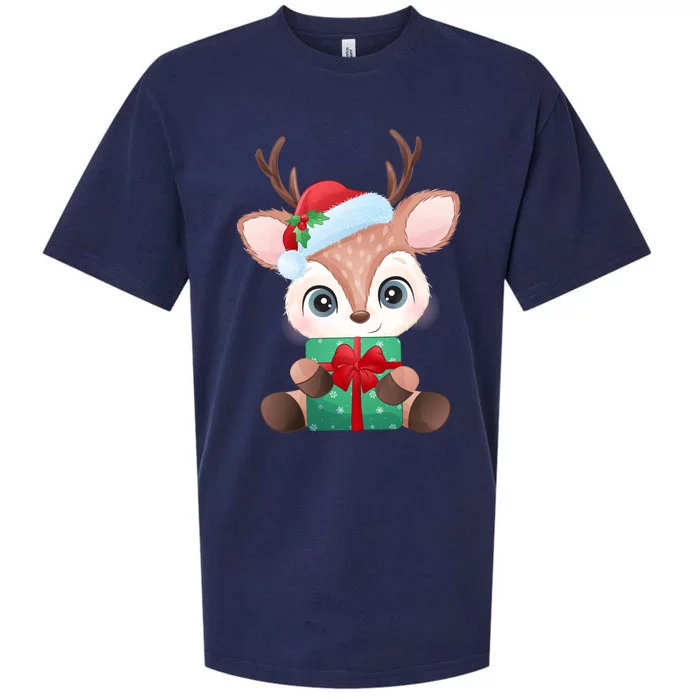 Cute Festive Christmas Reindeer Present Sueded Cloud Jersey T-Shirt