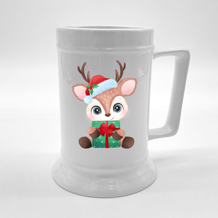 Cute Festive Christmas Reindeer Present Front & Back Beer Stein