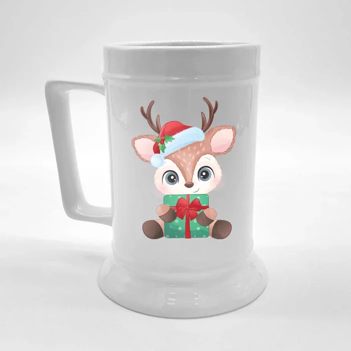 Cute Festive Christmas Reindeer Present Front & Back Beer Stein