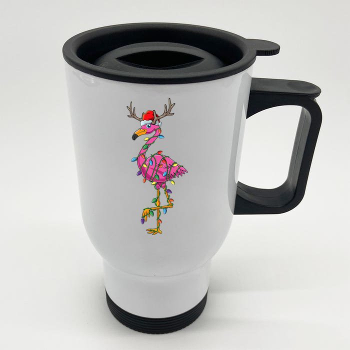 Cute Flamingo Christmas Tree Reindeer Antlers Funny Gift Front & Back Stainless Steel Travel Mug