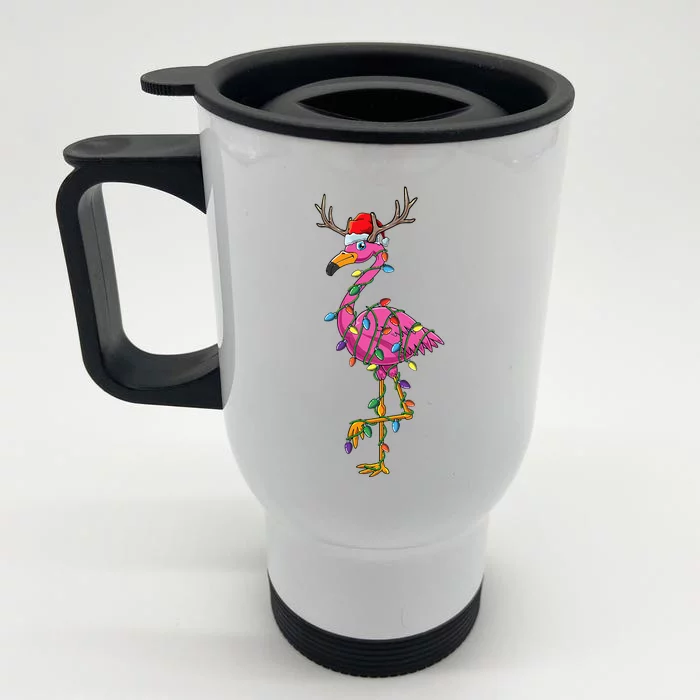 Cute Flamingo Christmas Tree Reindeer Antlers Funny Gift Front & Back Stainless Steel Travel Mug