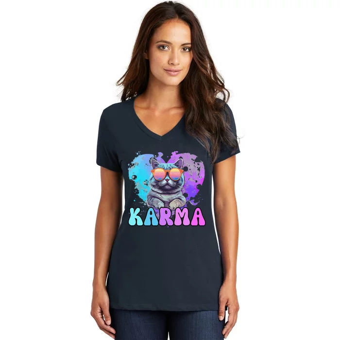 Cute Funny Cat Lover Heart Shape Karma Women's V-Neck T-Shirt