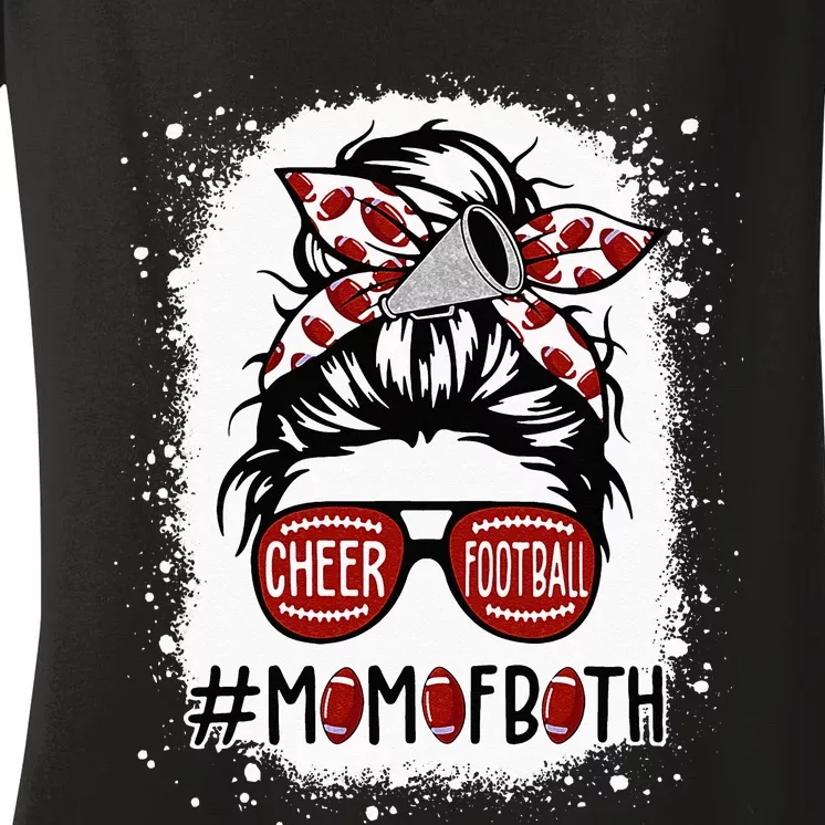 Cheer Football Cheerleading Mom Of Both Messy Hair Bun Women's V-Neck T-Shirt