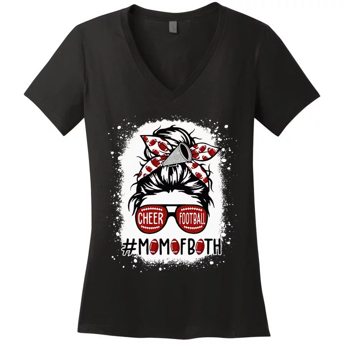 Cheer Football Cheerleading Mom Of Both Messy Hair Bun Women's V-Neck T-Shirt