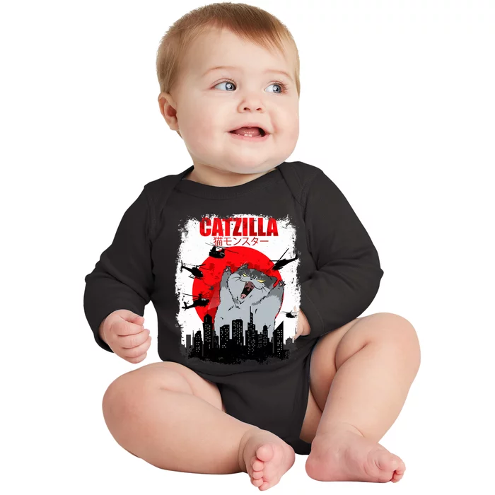 Catzilla Funny Cat Graphic Vintage For Cat Lover Baby Long Sleeve Bodysuit