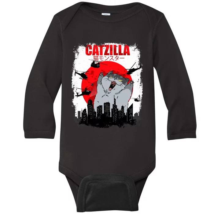 Catzilla Funny Cat Graphic Vintage For Cat Lover Baby Long Sleeve Bodysuit