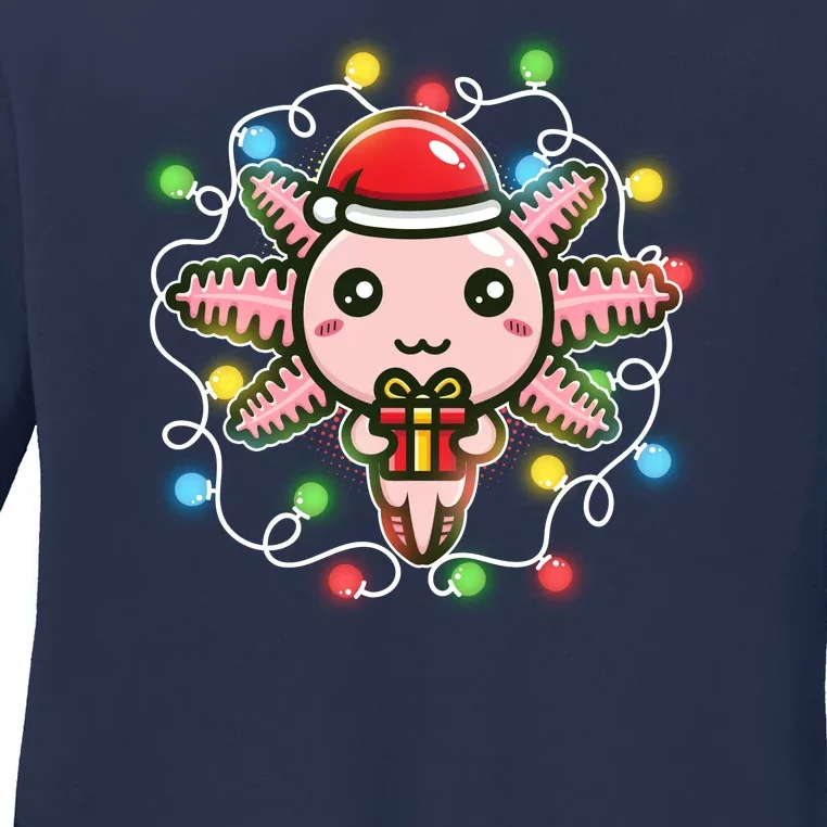 Cute Festive Christmas Santa Axolotl Ladies Long Sleeve Shirt