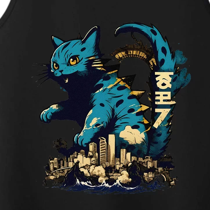 Catzilla Funny Cute Cat Art Japanese Sunset Kawaii Performance Tank