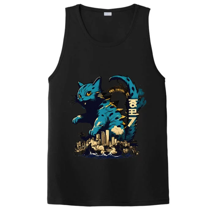 Catzilla Funny Cute Cat Art Japanese Sunset Kawaii Performance Tank