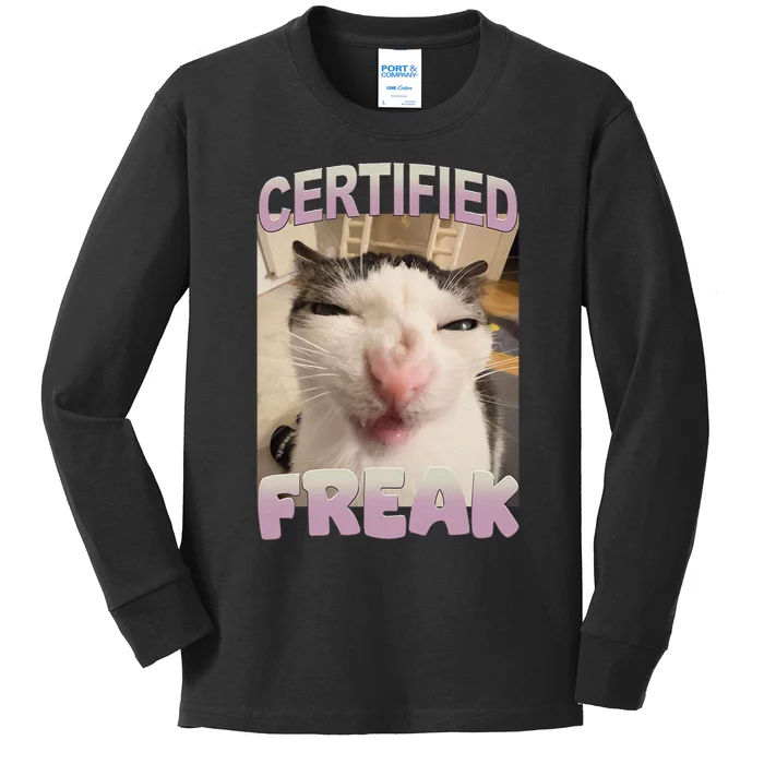 Certified Freak Cat Meme Funny Pet Humor Kids Long Sleeve Shirt