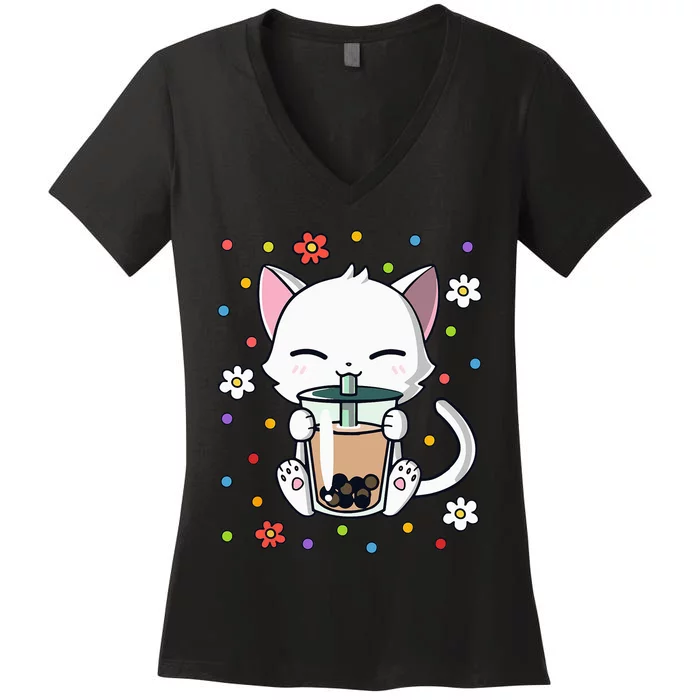 cat Funny Cat Boba Tea Bubble Tea Kawaii Anime Japanese Women's V-Neck T-Shirt