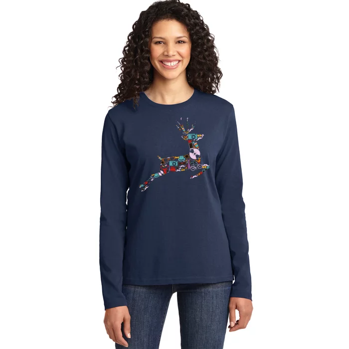 Cool Festive Christmas Gifts Pattern Reindeer Ladies Long Sleeve Shirt