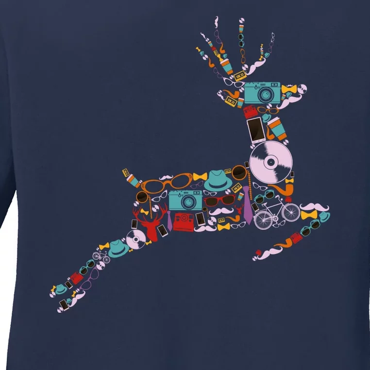 Cool Festive Christmas Gifts Pattern Reindeer Ladies Long Sleeve Shirt