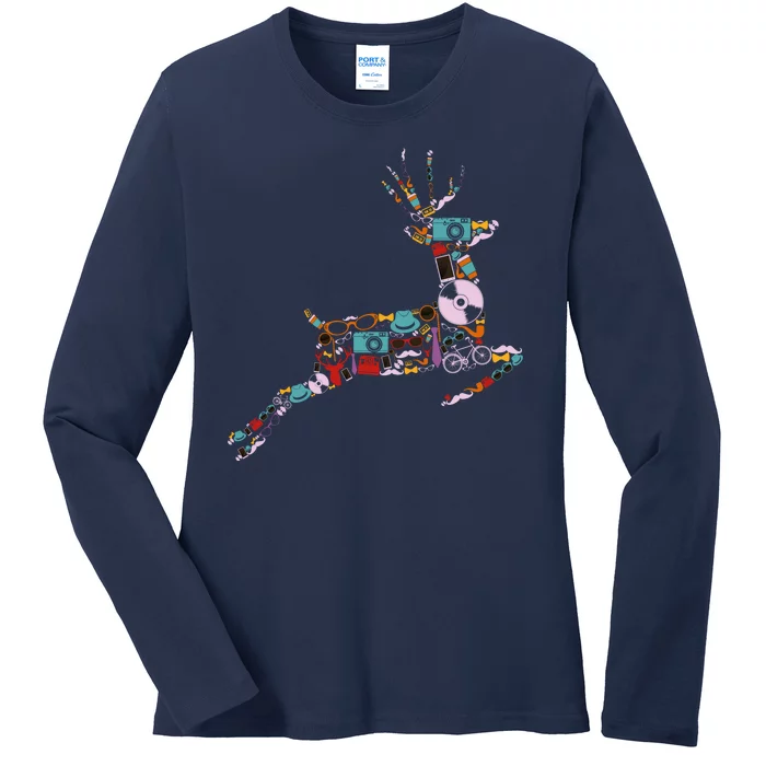 Cool Festive Christmas Gifts Pattern Reindeer Ladies Long Sleeve Shirt