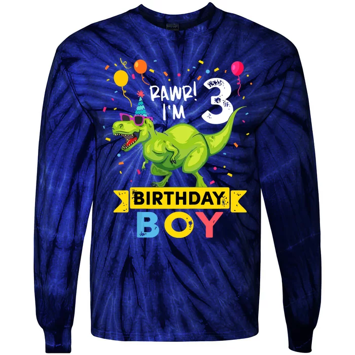 Cute Funny Cute T Rex Dinosaur 3 Year Old Funny 3rd Birthday Tie-Dye Long Sleeve Shirt