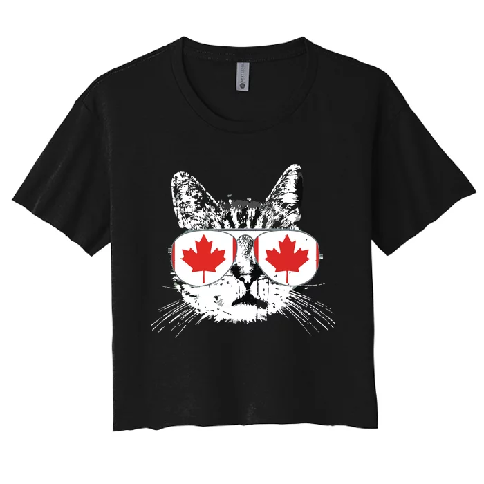 Canada Flag Canadian Cat Sunglasses Funny Women's Crop Top Tee