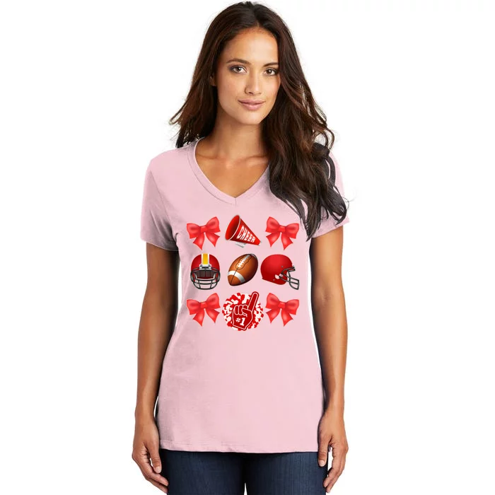 Cute Football Cheer Fan Lover Coquette style Women's V-Neck T-Shirt