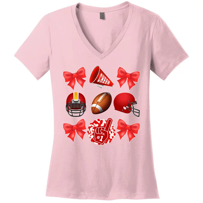 Cute Football Cheer Fan Lover Coquette style Women's V-Neck T-Shirt