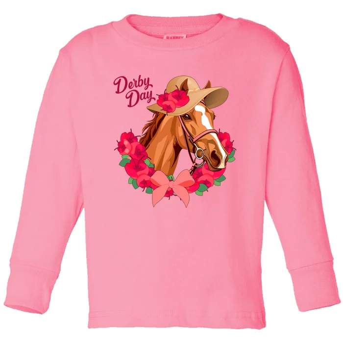 Cute Floral Derby Day Horse Toddler Long Sleeve Shirt