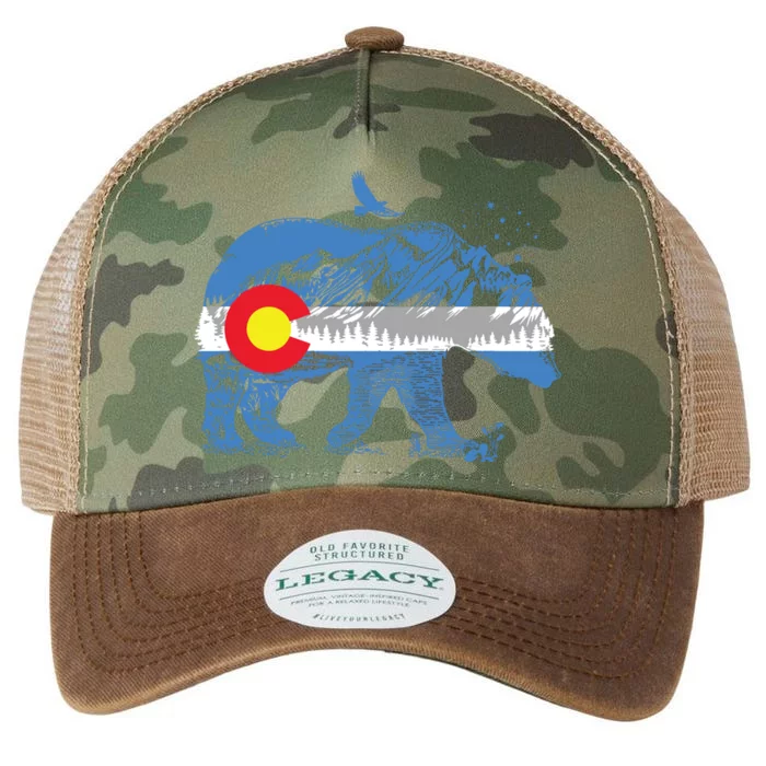 Colorado Flag Design Mountains And Bear Landscape Graphic Legacy Tie Dye Trucker Hat