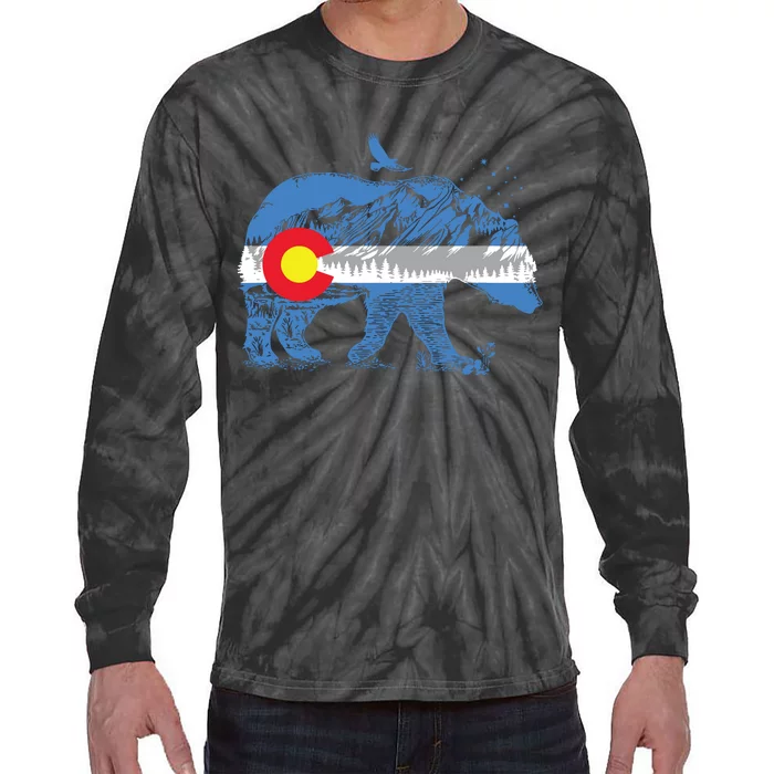 Colorado Flag Design Mountains And Bear Landscape Graphic Tie-Dye Long Sleeve Shirt