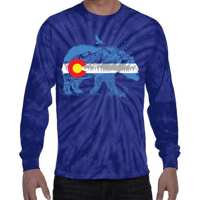 Colorado Flag Design Mountains And Bear Landscape Graphic Tie-Dye Long Sleeve Shirt