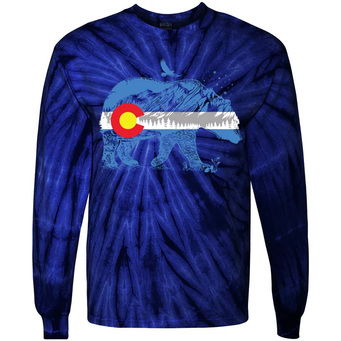 Colorado Flag Design Mountains And Bear Landscape Graphic Tie-Dye Long Sleeve Shirt