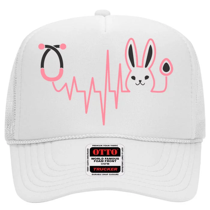 Cute Funny Easter Bunny Heart Beat Stethoscope High Crown Mesh Trucker Hat