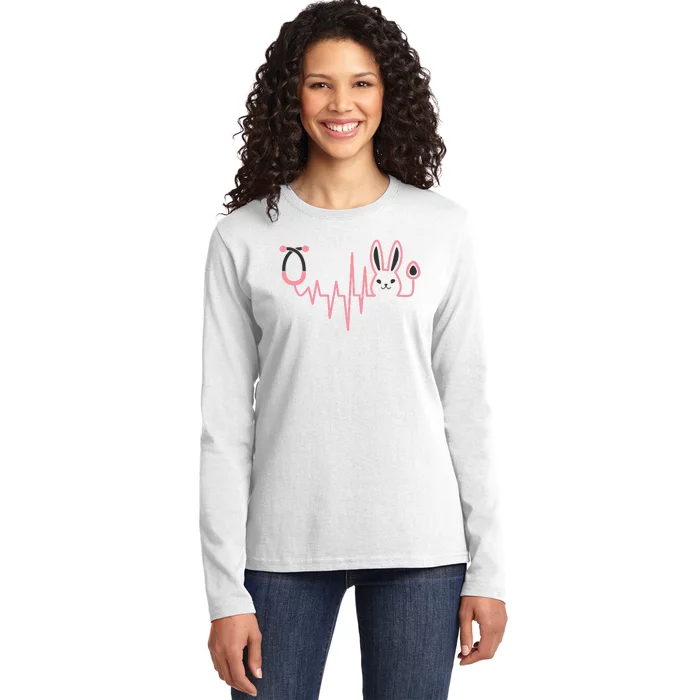 Cute Funny Easter Bunny Heart Beat Stethoscope Ladies Long Sleeve Shirt