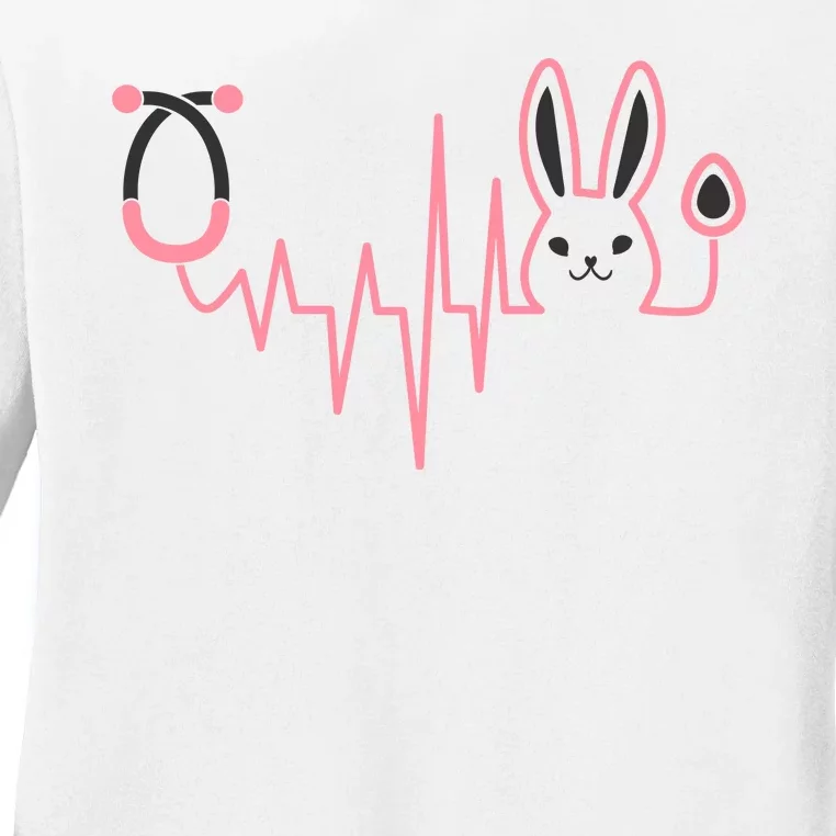 Cute Funny Easter Bunny Heart Beat Stethoscope Ladies Long Sleeve Shirt