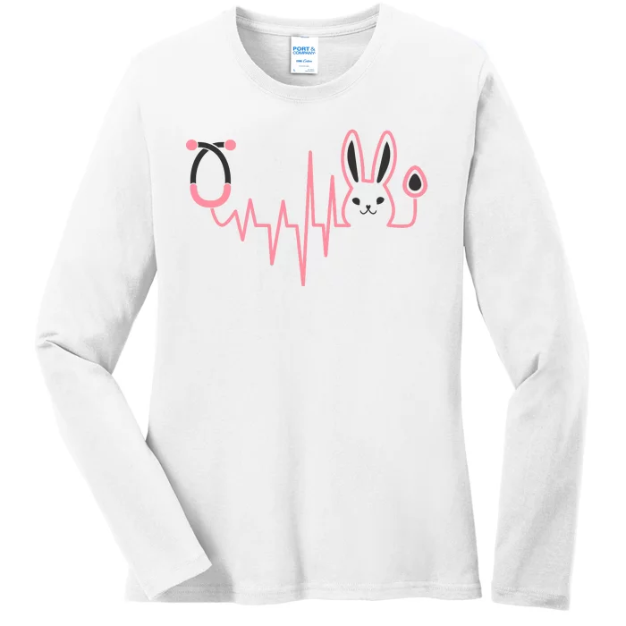 Cute Funny Easter Bunny Heart Beat Stethoscope Ladies Long Sleeve Shirt