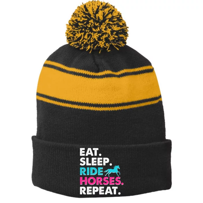 Cute Funny Eat Sleep Ride Horses Repeat Stripe Pom Pom Beanie