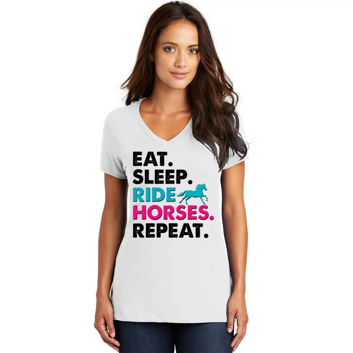 Cute Funny Eat Sleep Ride Horses Repeat Women's V-Neck T-Shirt