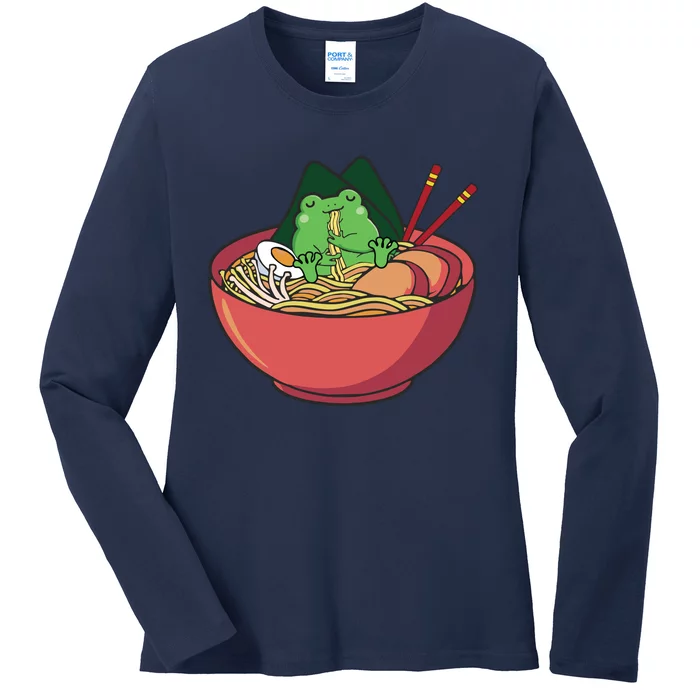 Cute Frog Eating Ramen Japanese Noodles Lover Funny Ladies Long Sleeve Shirt