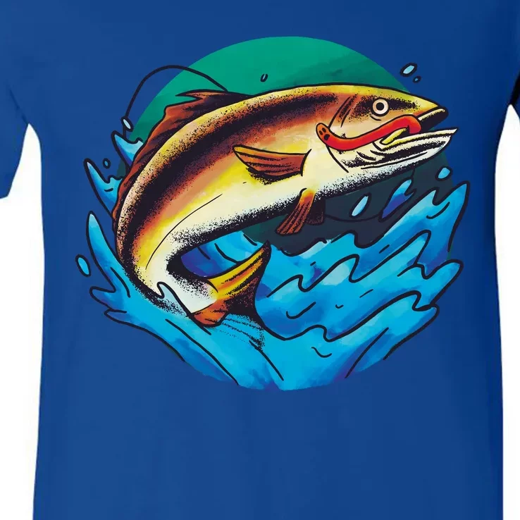 Catch Fish Eating Worm Funny Fishing V-Neck T-Shirt