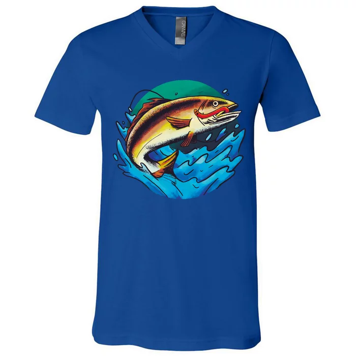 Catch Fish Eating Worm Funny Fishing V-Neck T-Shirt