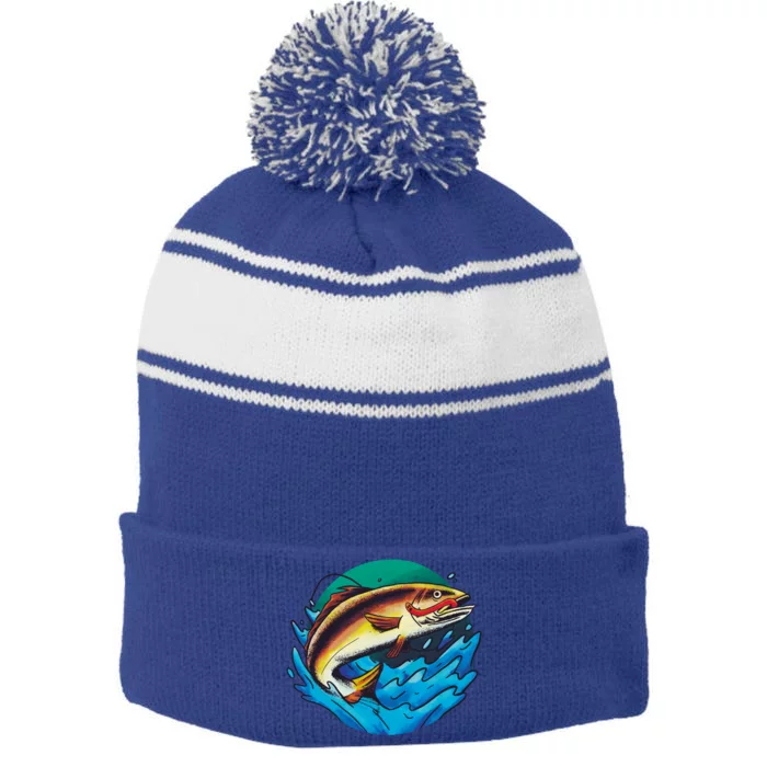 Catch Fish Eating Worm Funny Fishing Stripe Pom Pom Beanie