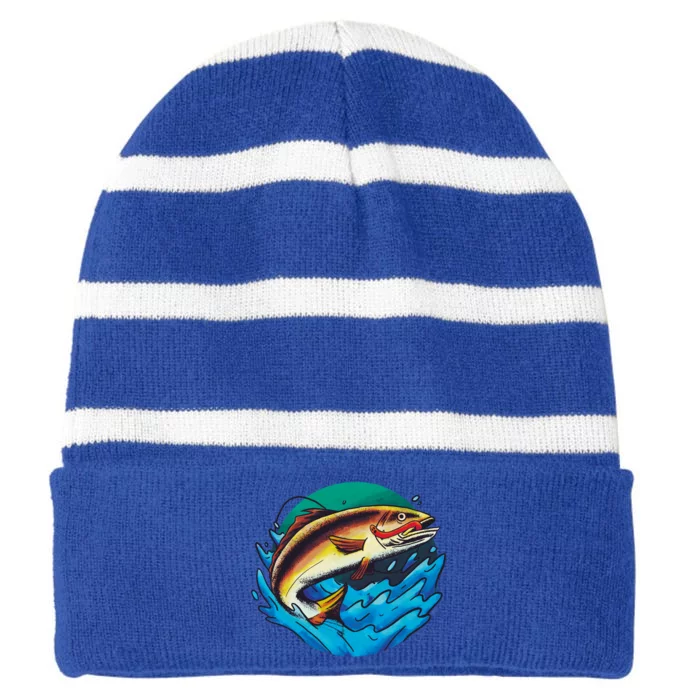 Catch Fish Eating Worm Funny Fishing Striped Beanie with Solid Band