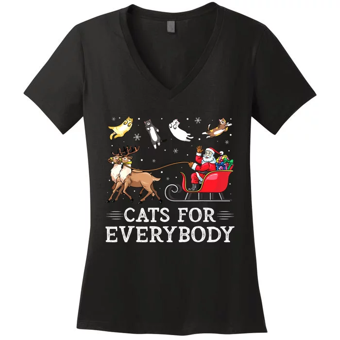 Cats For Everybody Christmas Cat Funny Xmas Women Santa Women's V-Neck T-Shirt