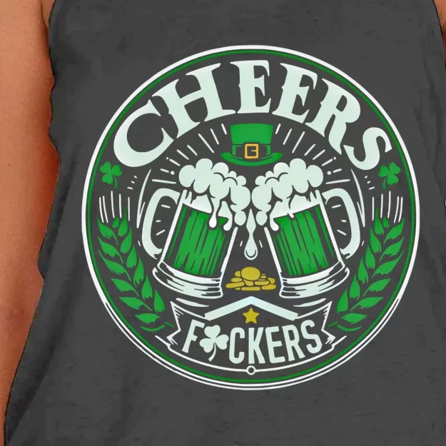 Cheers Fckers Funny St Patricks Day Drinking Party Funny Gift Women's Knotted Racerback Tank