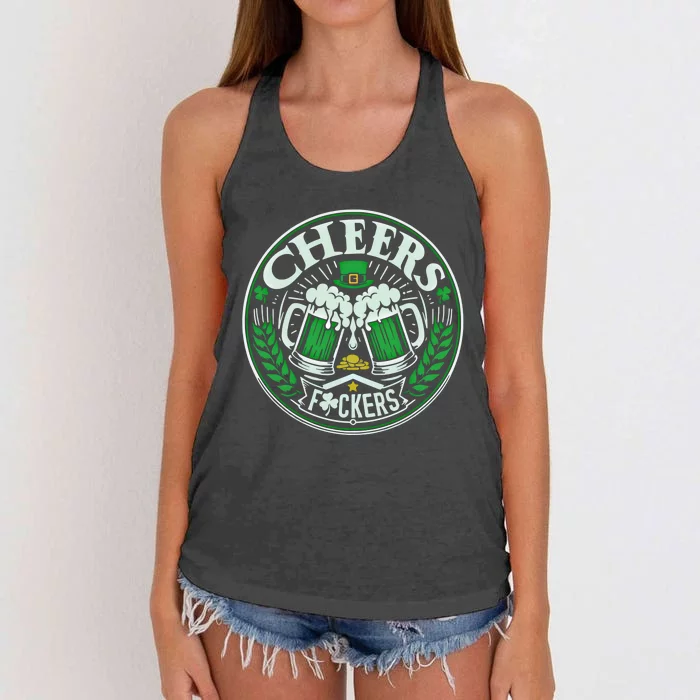 Cheers Fckers Funny St Patricks Day Drinking Party Funny Gift Women's Knotted Racerback Tank