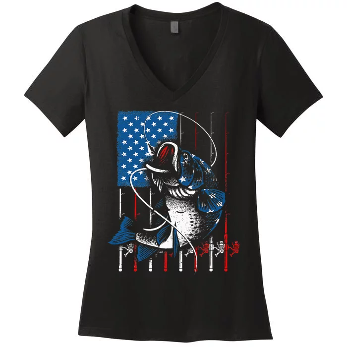 Cool Fishing For Men Women American Flag USA Fish Lover Women's V-Neck T-Shirt